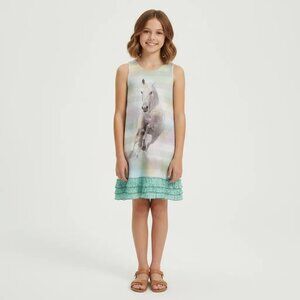 Ella & Lulu Kids Girls Glitter Stripes Horse Layered Lace Hem Tank Dress Size 10